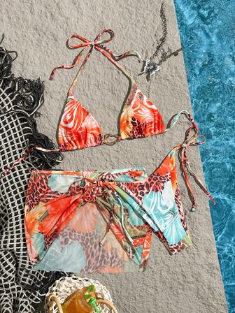 New Spring And Summer Beach Pool Party Flower Leopard Print Metal Buckle Short Skirt Bikini Three Pieces Set Swimsuit For Women