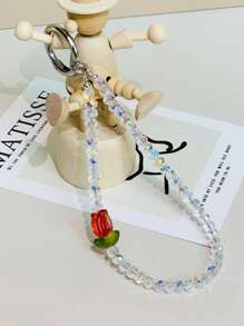 1pc Beaded Wristlet Crystal Tulip Phone Lanyard, Bracelet Style Hanging Chain, Bag Charm