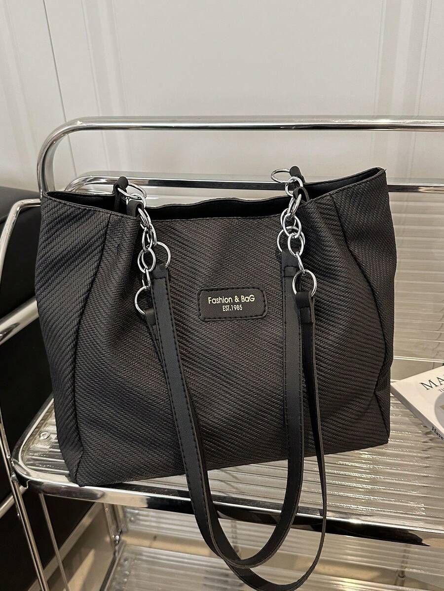 Spring New Fashion Simple Solid Color PU Tote Bag For Women, Large Capacity - Black - View 1