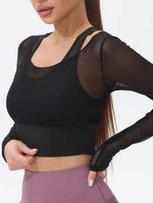 1 st Kvinnor Mesh Långärmad Kort Yoga T-shirt med inbyggd vadderad BH - Svart - Visa 10