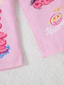 2pcs Girls Denim Effect Pants Set, Blue/Pink Cartoon Graffiti Printed Pattern (Printed Jeans) - Multicolor - View 9