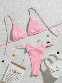 Sporty Swimsuit, Suitable For Various Occasions From Pool To Beach In Summer, Basic Sexy Bikini With Big Bow Decor Beach Outfit - Pink - View 1