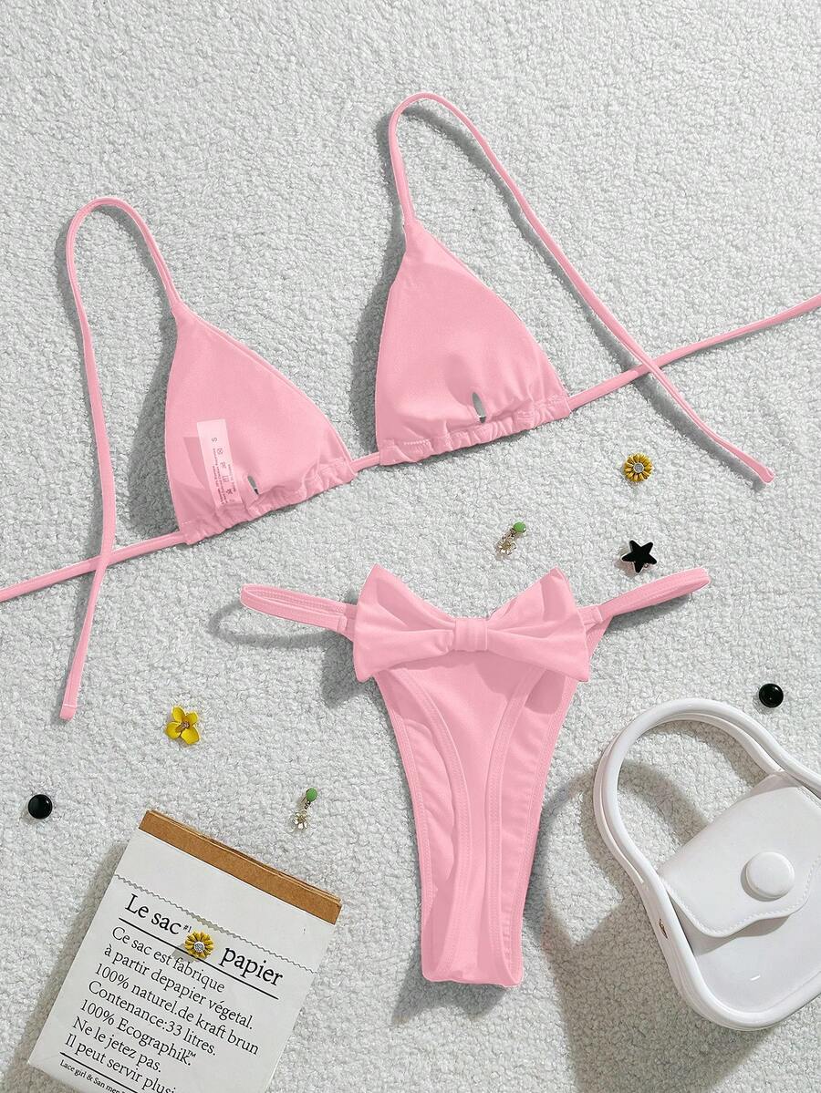 Sporty Swimsuit, Suitable For Various Occasions From Pool To Beach In Summer, Basic Sexy Bikini With Big Bow Decor Beach Outfit - Pink - View 1