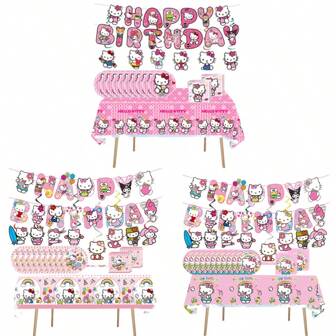 Sanrio Fournitures et décorations pour fête d'anniversaire Sanrio hello kitty, comprenant une nappe (70 * 42 pouces), des serviettes, des assiettes de 7 pouces, une banderole et des guirlandes suspendues