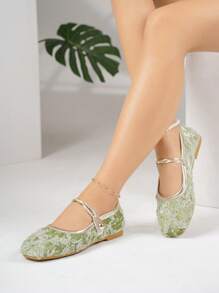 Women's Flat Shoes, 2025 Summer New Square Toe Open-Toe Velvet Lace Rose Foot Strap Hook & Loop Flat Shoes, Green Loafers, Mary Janes, Ballet Flats, Suitable For Everyday Wear With Dresses, Fashion Flats, Plus Size