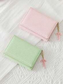3-Fold Small Wallet In Candy Colors, Cute & Fresh PU Leather Purse, Girl Short Bifold Wallet With Bow Charm