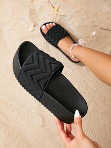 New Summer Women's Casual Fashion Thick-Soled Wave Pattern Black Sandals With Height-Increasing, Comfortable For Outdoor Or Beach - 黑色 - 查看 3