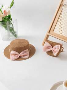 2pcs/Set Girl's Cute Ditsy Floral Bow Princess Sun Hat, Summer Shading Beach Hat Perfect For Daily & Outing
