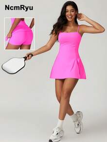NcmRyu 女士修身无缝弹力无袖网球/高尔夫/匹克球透气运动连衣裙 - 粉色 - 查看 2