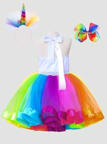 Young Girl Rainbow Unicorn Patchwork Sparkly Dress Costume With Headband And Hair Clips