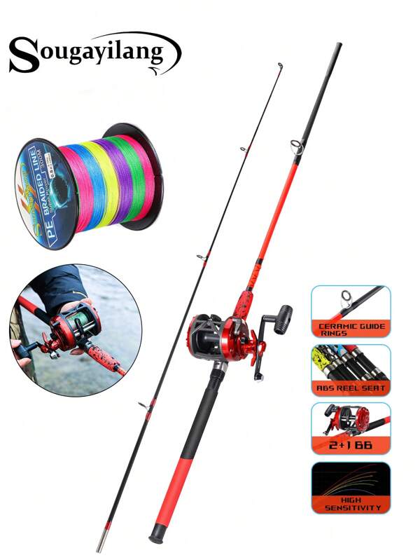 SOUGAYILANG Ensemble combo de canne à pêche - Comprend 1 canne à pêche de 1,8 m, moulinet tambour de haute qualité 2+1 roulements à billes pour la traîne, corps en graphite, ligne tressée PE, anneaux de guidage en céramique et conception haute sensibilité, convient pour la pêche en eau salée, adapté pour la prise de la bar, de la mérou, du saumon, etc.