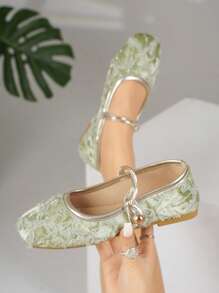 Women's Flat Shoes, 2025 Summer New Square Toe Open-Toe Velvet Lace Rose Foot Strap Hook & Loop Flat Shoes, Green Loafers, Mary Janes, Ballet Flats, Suitable For Everyday Wear With Dresses, Fashion Flats, Plus Size