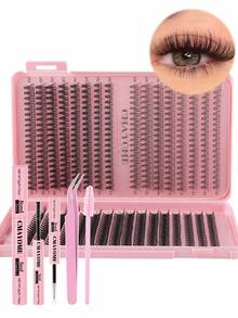 640/180簇DIY假睫毛嫁接套装，混合款式，10D、20D自然猫眼和洋娃娃妆，C&D卷度，长度10-16毫米，可重复使用，含胶水，新手友好 - 大容量睫毛册和旅行套装可选 - 粉色 - 查看 15