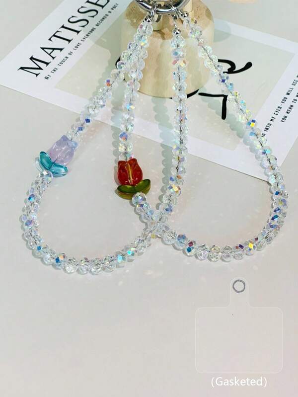 1pc Beaded Wristlet Crystal Tulip Phone Lanyard, Bracelet Style Hanging Chain, Bag Charm