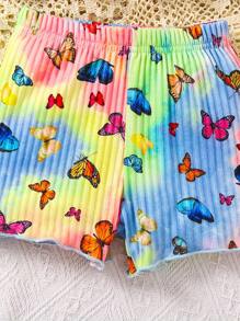 Conjunto de camisa sin mangas y pantalones cortos con estampado de mariposas y teñido anudado para niñas, nuevo conjunto de ropa casual de verano, conjunto de ropa de bebé y niña pequeña con chaleco de tirantes estampado floral