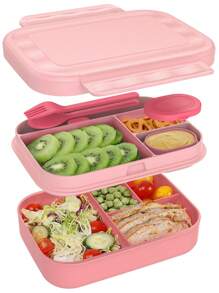 Boîte à lunch Bento classique - Boîte-repas étanche à compartiments multiples empilables avec pot à sauce, capacité de 5,8 tasses, comprend un set de couverts, fournitures scolaires