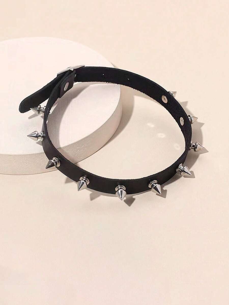 1 chiếc vòng cổ choker bằng da sẫm màu có đinh tán hợp kim Gothic Punk độc đáo dành cho nam và nữ, thích hợp cho các sự kiện tiệc nhạc Rock - màu đen - Xem 1