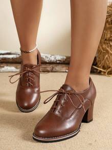 Women's Solid Color Block Heels, Fashion Lace Up Dress Pumps, Women's Stylish Heels