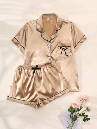 2pcs/Set Women's Bow Embroidered Satin Summer Pajama Set, Short Sleeve Button-Down Shirt And Shorts, Casual Loungewear For Summer.