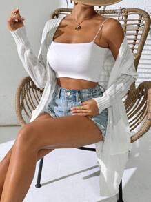 Women's Lightweight Solid Color Long Sleeve Dual Pocket Open Front Casual Long Cover Up, Spring/Summer