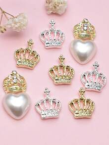10 件合金皇冠美甲配件金银立体镂空金属镶嵌玻璃钻石和心形珍珠指甲装饰平背方便 DIY 制作美甲用品指甲美甲饰品美甲宝石 - 彩色 - 查看 4