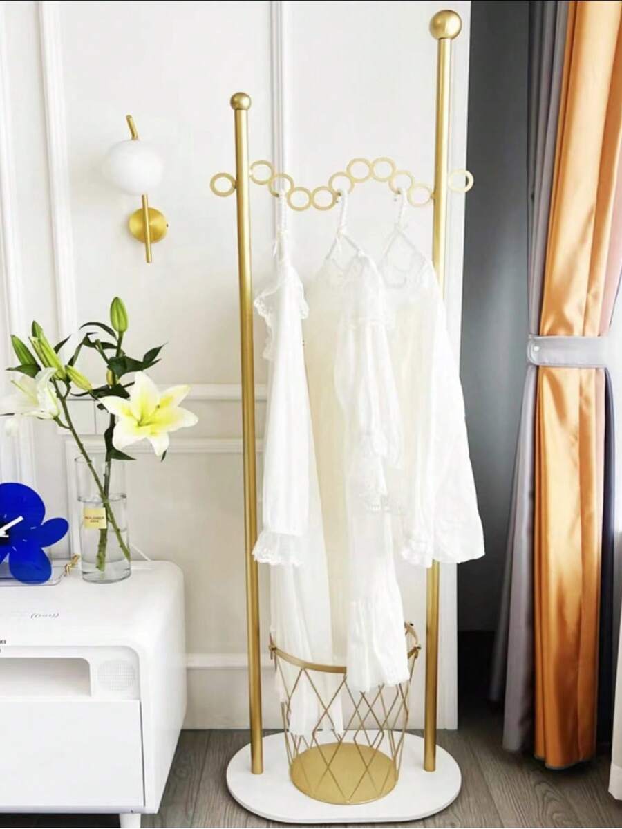 Clothes Hanger Rack, Indoor Home Entryway Bedroom Living Room Lobby Studio Use, Marble & Metal Material, Minimalist Design - Gold - View 1