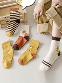 5双卡通恐龙条纹袜，儿童及青少年日常休闲穿着 - 彩色 - 查看 2