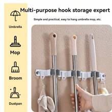 1pc, Mop And Broom Holder Wall Mount, Broom Organizer Storage Tool Racks Stainless Steel Heavy Duty Hooks Self Adhesive Solid Non-Slip For Home Kitchen Garden Laundry Garage