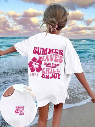 Tween Mädchen lässiges Sommer T-Shirt mit lustigem Muster am Rundhalsausschnitt und Kurzarm