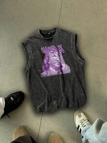 Men's Simple Casual Sleeveless Vintage Washed Round Neck Tank Top - Black - View 1