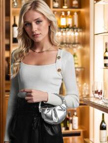 Dancing Engine 奢华设计师迷你简约闪亮水晶装饰派对手拿包/单肩包 - 銀色 - 查看 6