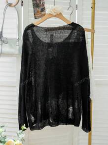 Women's Grey Asymmetrical Shoulder Cutout Design Pullover Sweater, Streetwear Style, Autumn/Winter