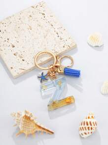 1pc A-Z English Letter Keychain, Resin Drop Glue Oceanic Elements Letter Pendant Keychain For Girls, Summer Starfish, Seashell Decor Random Color Children Bag Accessories
