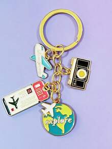 1 件全新珐琅飞机地球仪钥匙扣、时尚旅行钥匙扣、盒包吊坠、手工制作的中性钥匙扣、户外旅行时尚配饰、送给朋友、亲戚、毕业季、母亲节、复活节和其他节日配饰礼物、汽车配饰包魅力学校可爱哥特 Y2k - 粉紅色+綠色+黑色 - 查看 4