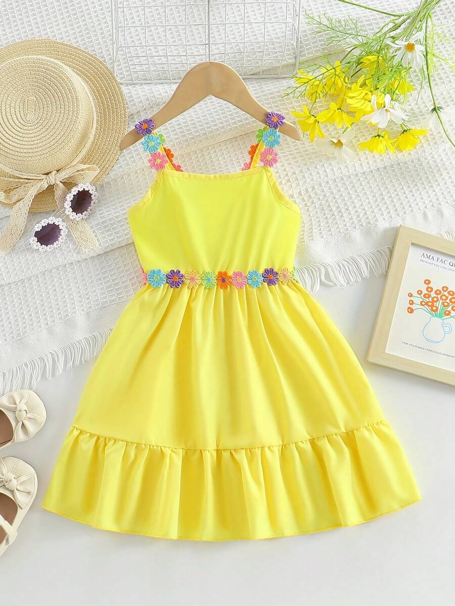 Young Girl Floral Shoulder Strap Decorated Ruffle Hem A-Line Dress, Suitable For Summer Holiday - Yellow - View 1