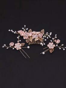 3pcs/Set Bridal Wedding Hair Accessories, Pink Fabric Flower Hairpin & Comb Combo