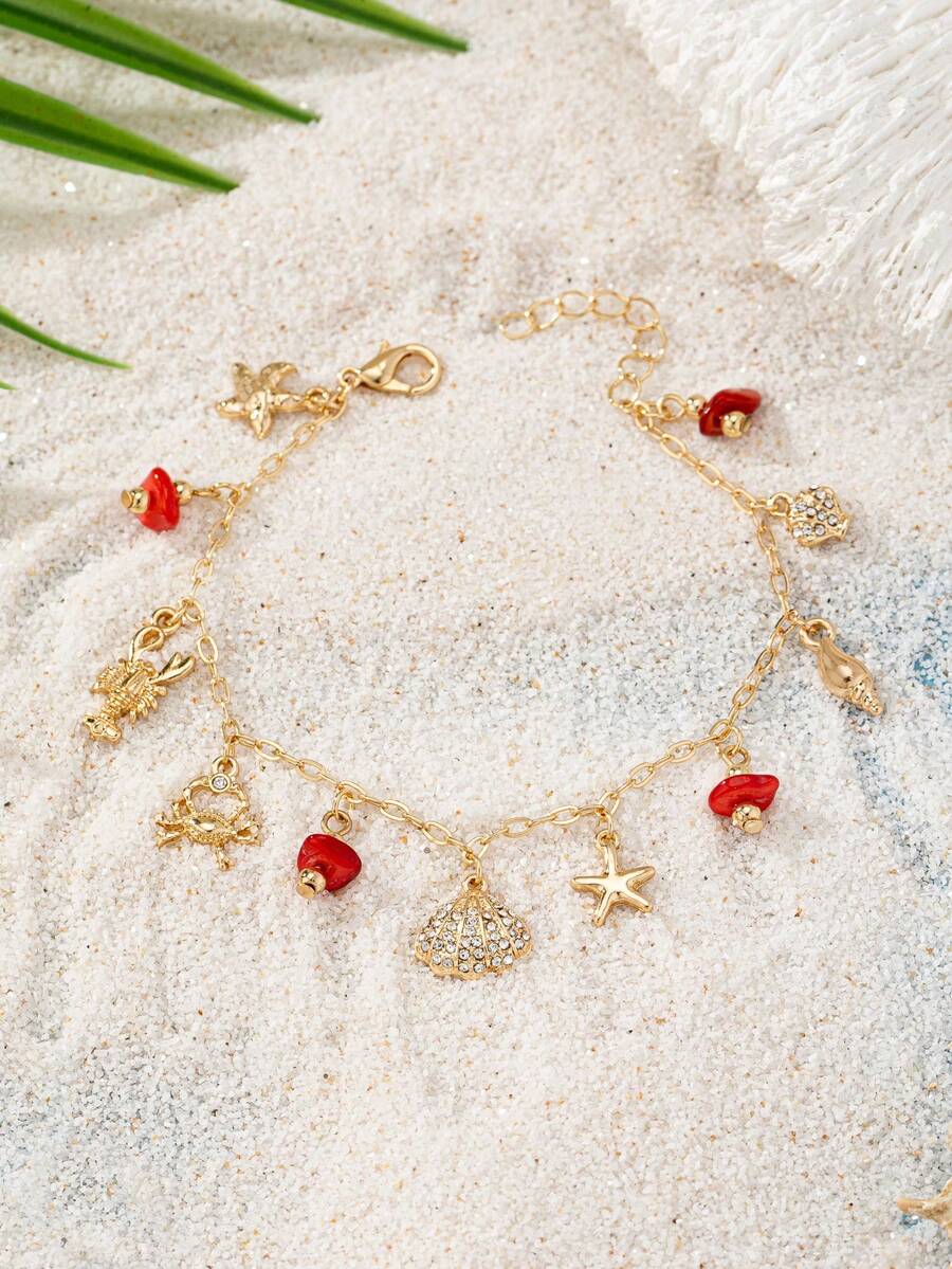 1 件海洋生物手链珊瑚海星贝壳螃蟹手链饰品夏季度假风格手链首饰女士 - 彩色 - 查看 1