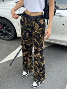 1 Pc Women's Casual Camo Lace-Up Multi-Pocket Outdoor Pants, Cargo Trousers - Multicolor - View 2
