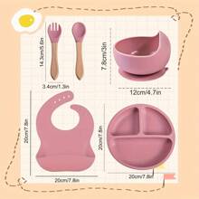 5 pièces/Set Vaisselle en silicone pour bébé, Set d'alimentation: 1 pièce bavoir en silicone, 1 pièce bol escargot en silicone, 1 pièce assiette en silicone, 1 pièce grande cuillère en bois, 1 pièce grande fourchette en bois
