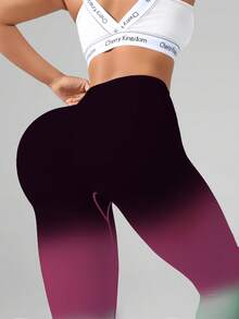 1 Stück Sport Yoga Leggings mit hohem Bund und Farbverlauf, elastische bauchkontrollierende knietiefe Trainingshose - Violett - Übersicht 7