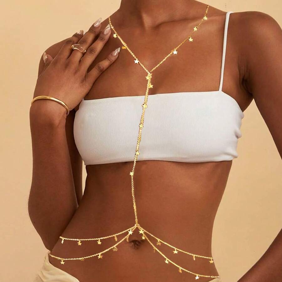 1pc Fashionable Sexy Bohemian Double-Layer Rhinestone Encrusted Glitter Bralette Chain, Y-Shaped Body Chain, Elegant For Women's Beach, Party, Date Night, Daily Wear, Summer - Gold - View 1