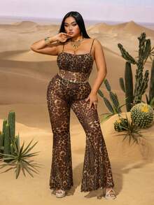 Plus Chic Leopard Print Cami Romper & Flared Pants Set – Summer Outfit For Street Style, Poolside Evenings & Stylish Urban Outings - Brown - View 6