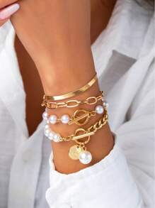 4pcs Set Vintage Geometric Circle Pendant & Pearl Chain Adjustable Beaded Bracelet, Charming Jewelry Gift For Women
