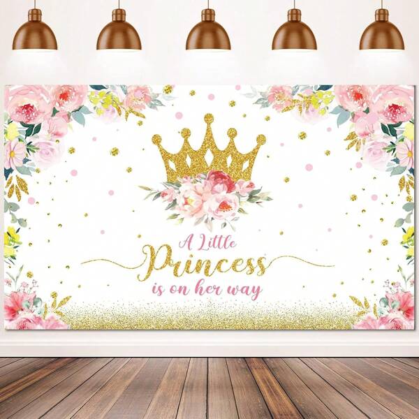 1 Stück Baby Shower Party Hintergrundplane, geeignet für rosa Blumen Prinzessin Party mit goldenem Glitzer-Krone Fotohintergrund, Kuchen Tisch Dekoration, Baby Shower Party Dekorationen