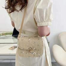 Fashion Flower Woven Saddle Bag Women Cute Straw Shoulder Bags Casual Handbag Ladies Lace Embroidery Crossbody Bags