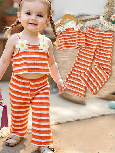 2pcs/Set Baby Girl Floral Applique Camisole Top & Wide Leg Pants Outfit, Fits Holiday Party, Casual, Summer
