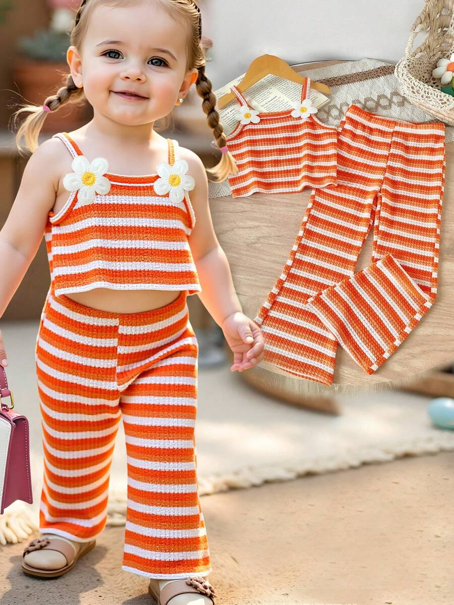 2 件套女婴花卉贴花吊带背心上衣和阔腿裤套装，适合节日派对、休闲、夏季 - 橘色 - 查看 1