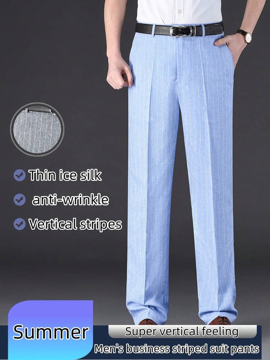 Men's Summer Thin Ice Silk Striped Trousers, Business Casual Suit Trousers, Slim Fit Straight Leg Cool Feeling Men's Trousers, Daily Wedding Casual White Suit Trousers - 淺藍條紋 - 查看 1
