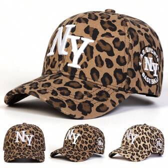 1pc Women's Leopard Print Baseball Cap NY Logo, New York, Outdoor Adjustable Sun Protection Casual Hat, Suitable For Spring, Autumn Trips, Beach, Party