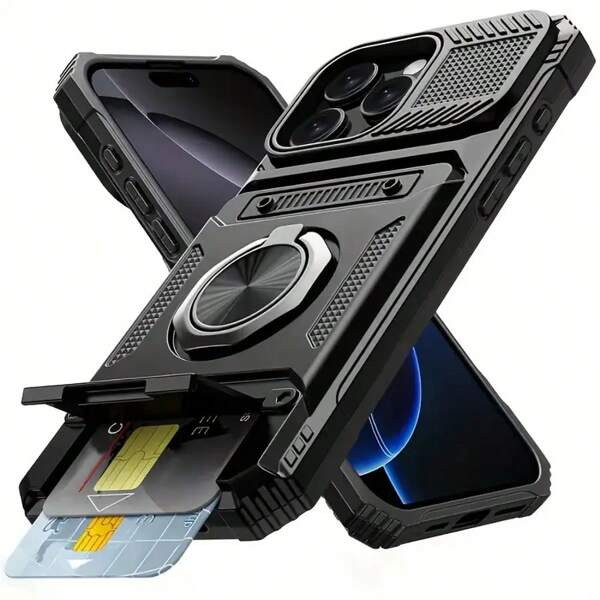 Military Industry Anti-Fall Heavy Duty Hard Protective Phone Case With Metal Stand & Card Slot Compatible With IPhone 16 Pro Max, 15 Pro Max, 14 Pro Max